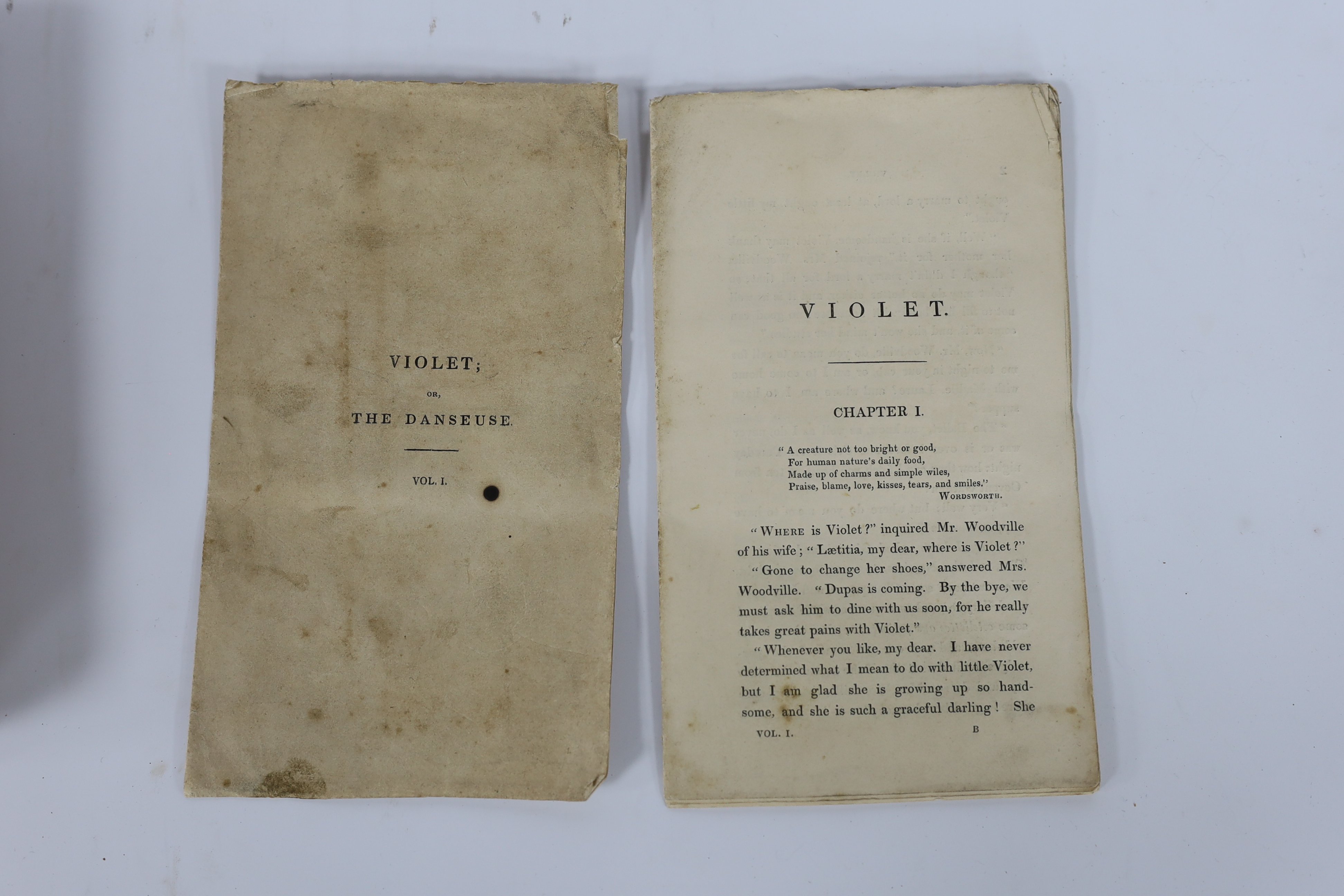 [Malet, Lady Marianne Dora] - Violet; or, The Danseuse: a Portraiture of Human Passions and Character, 2 vols, large 12mo, unbound, lacking title and half title to vol. 2, annotated throughout in ink, in a contemporary h